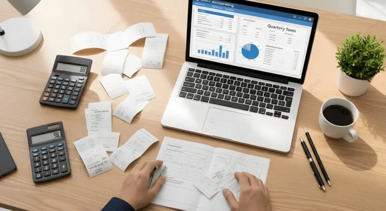 pngtree accountant s desk with laptop calculators receipts and coffee illustrating financial image 20741783