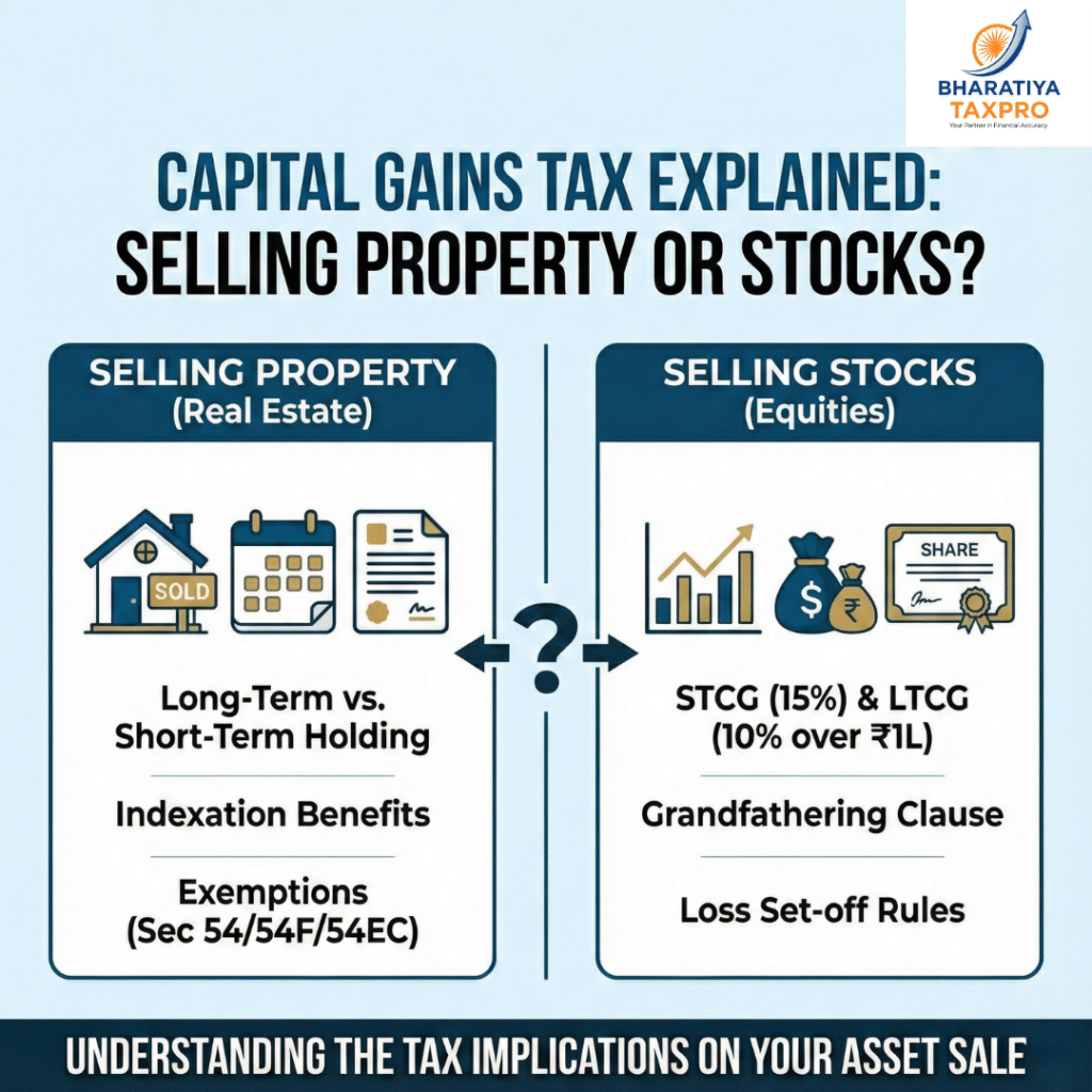 capital gains tax property vs stocks india