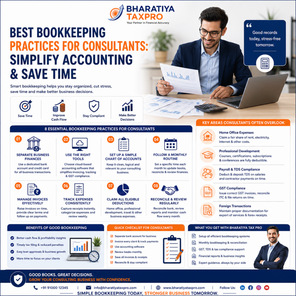 Best Bookkeeping Practices for Consultants: Simplify Accounting & Save Time 14.best bookkeeping practices for consultants simplify accounting save time bharatiya tax pro 2026.